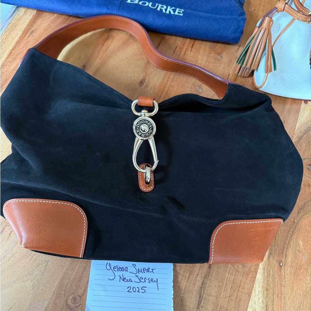 DOONEY & BURKE vintage suede logo lock slouchy shoulder bag.